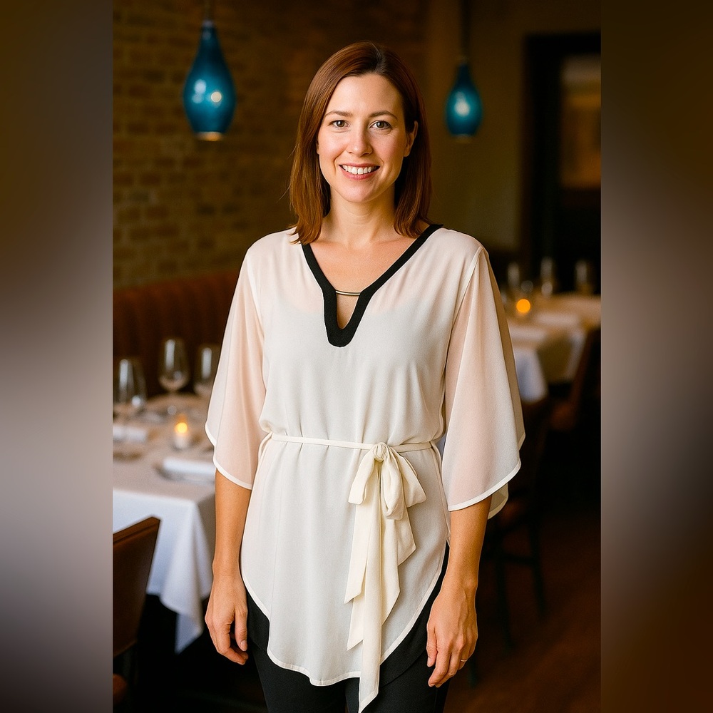 Ivory and Black Sheer Tunic with Belt. Brand new 🟢